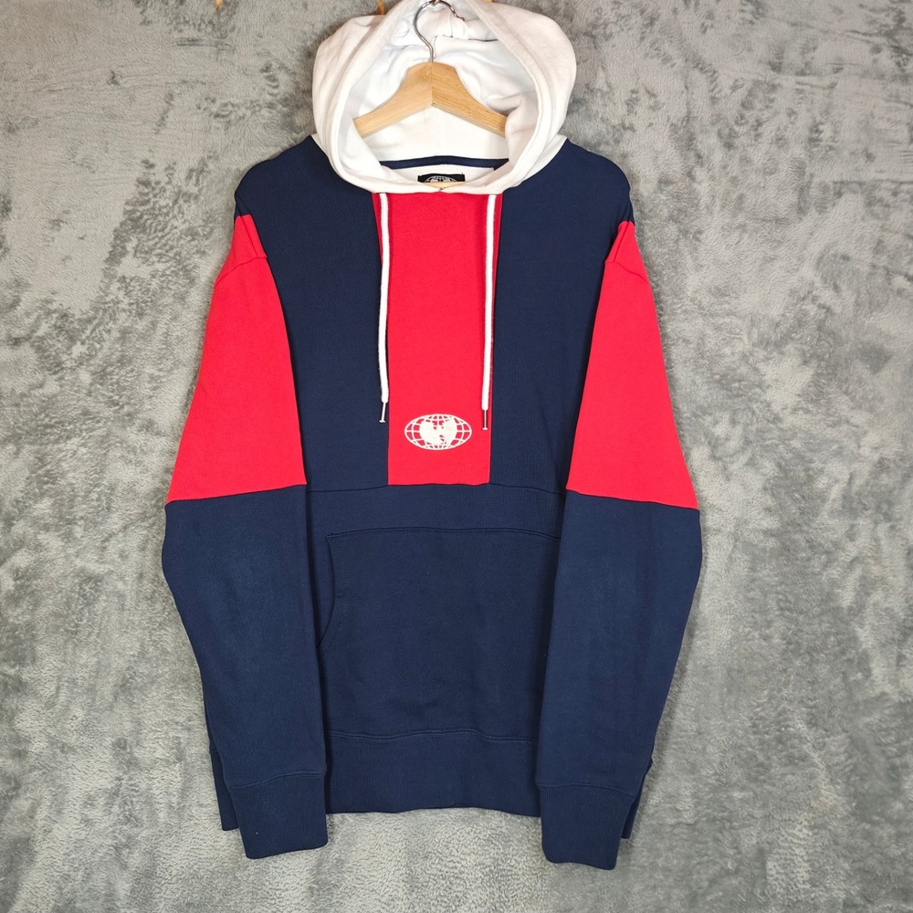 90s Vintage Wu Wear Hoodie Mens Large Blue Red Colorblock Globe Logo Streetwear